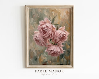 Impasto Peony Oil Painting Print – Moody Vintage Floral Wall Art – Romantic Cottagecore Living Room Decor – Digital Download