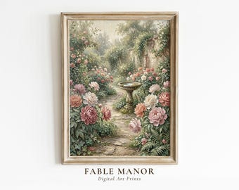 Vintage Floral Garden Wall Art | Cottagecore Birdbath Oil Painting Print | Romantic Peony Landscape Digital Download