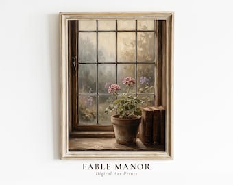 Vintage Window Oil Painting Print | Pink Geranium and Books Wall Art | Cottagecore Moody Floral Digital Download