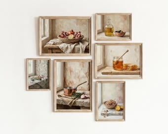 Rustic Kitchen Wall Art Set of 6 – Vintage Impasto Food Prints French Country Dining Room Decor