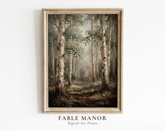 Vintage Birch Trees Oil Painting Print | Moody Forest Wall Art | Printable Digital Download
