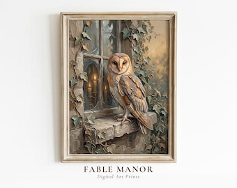 Barn Owl Wall Art – Moody Cottagecore Vintage Window Impasto Oil Painting