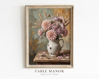 Dahlia Floral Still Life Wall Art – Vintage Impasto Rustic Bouquet Oil Painting Print