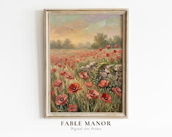 Red Poppy Wall Art Print | Thick Impasto Floral Oil Painting | Cottagecore Decor Digital Download