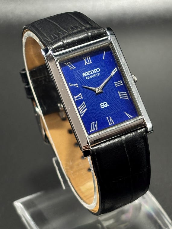 Vintage Seiko Slim Tank Quartz Watch: Blue Dial, Leather Strap