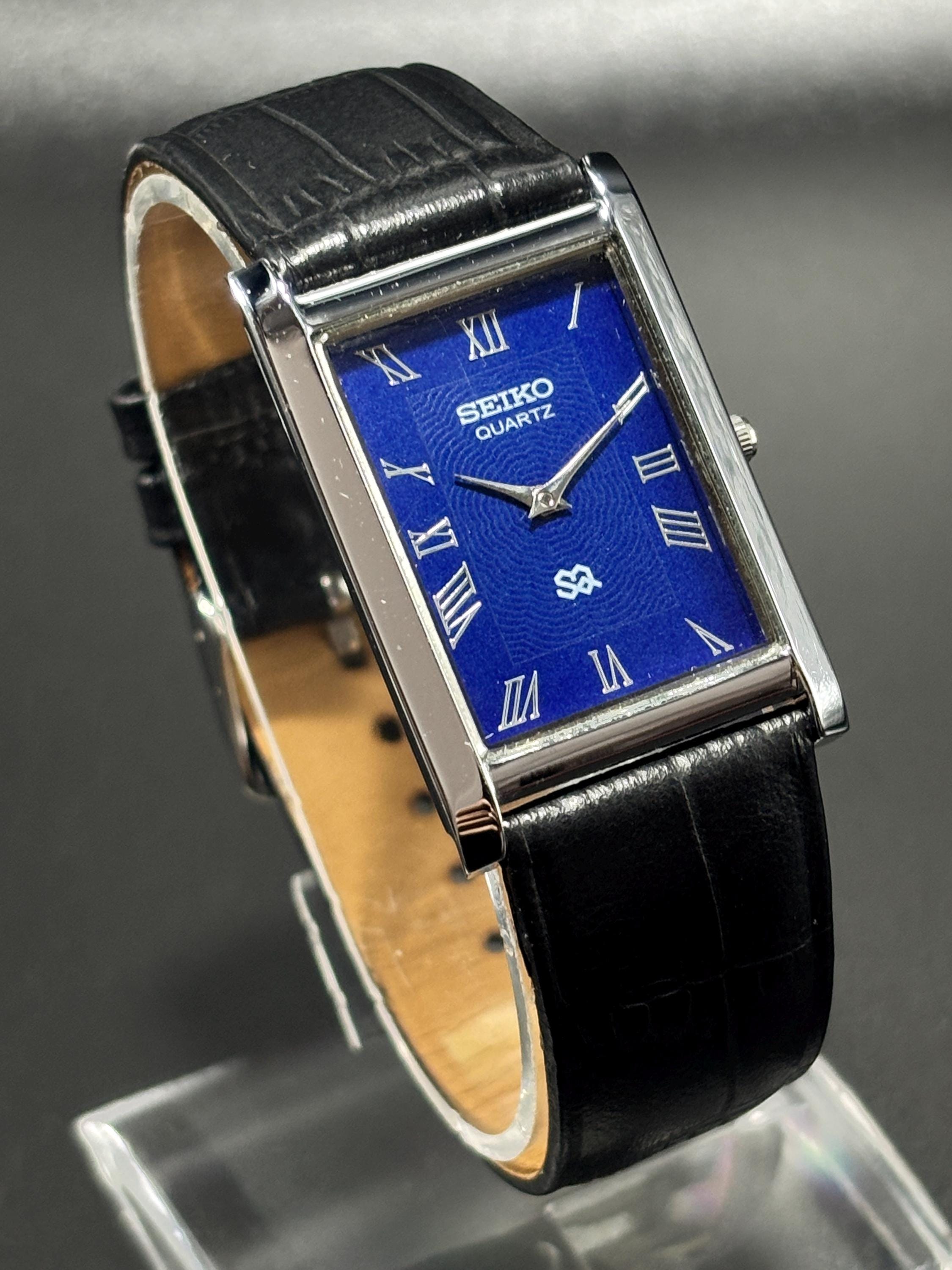 Vintage Seiko Slim Tank Quartz Watch: Blue Dial, Leather Strap