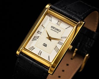 Reloj de pulsera Seiko Tank vintage, chapado en oro, correa de piel