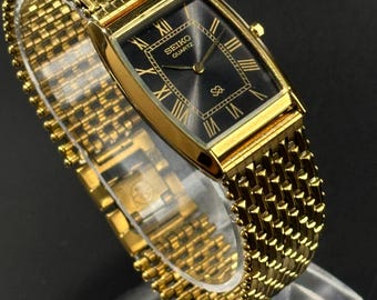 Vintage Seiko Slim Men's Tank Quartz Wrist Watch -Black Roman Dial, Gold Plated