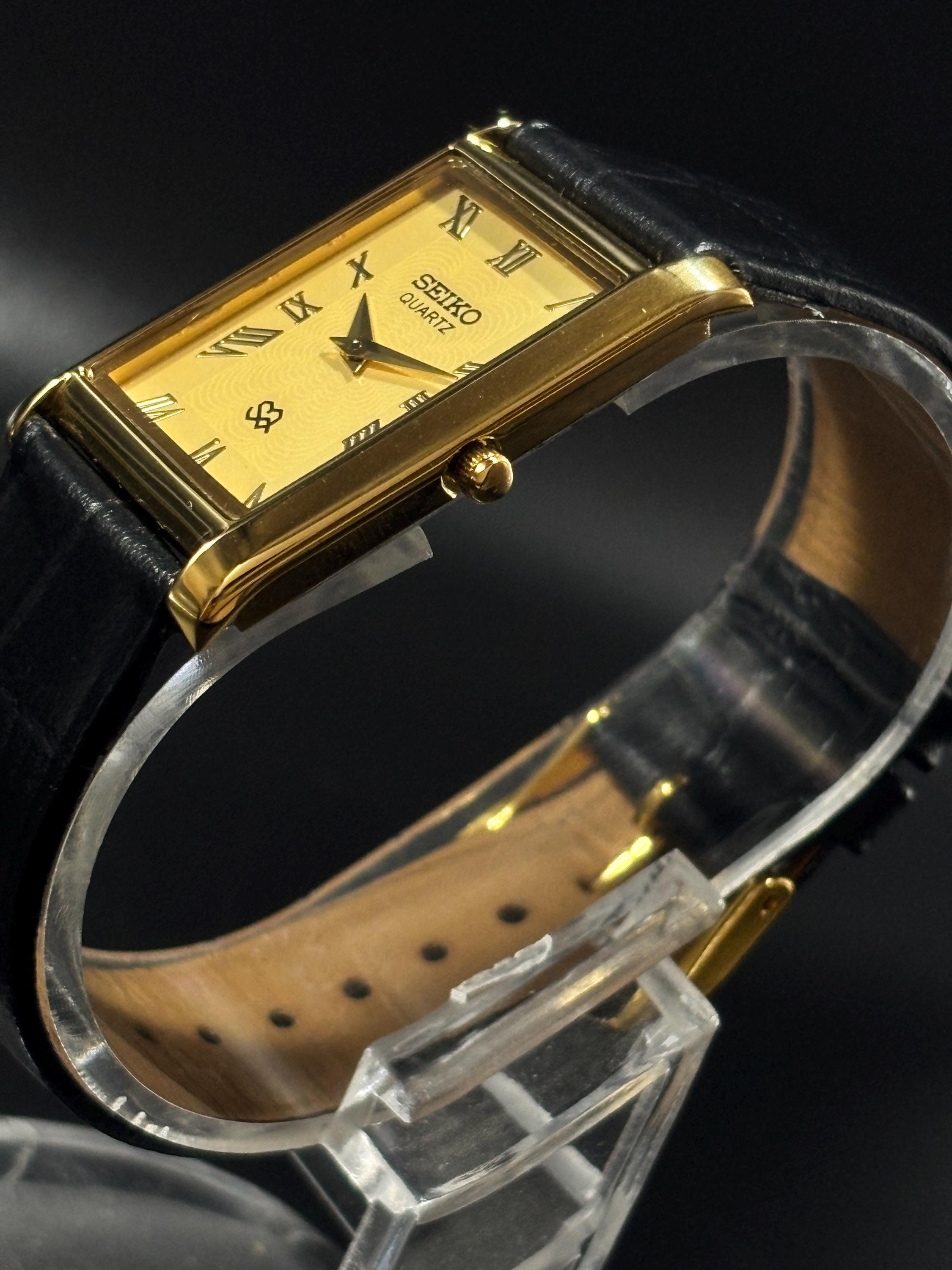 Vintage Seiko Tank Watch: Japan Made Roman Dial, Black Leather