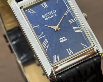 Vintage Seiko Slim Tank Watch: Blue Roman Dial, Leather Strap