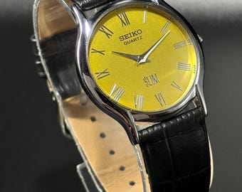 Vintage Seiko Tank Watch: Slim Quartz, Black Leather Strap, Roman Numerals