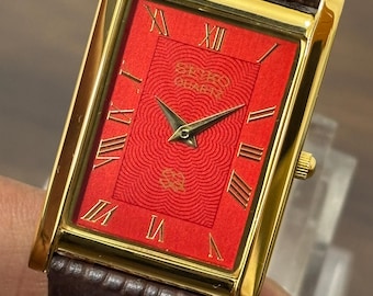 Vintage Seiko Slim Tank Quartz Men's Wrist Watch Gold Plated :Leather Band