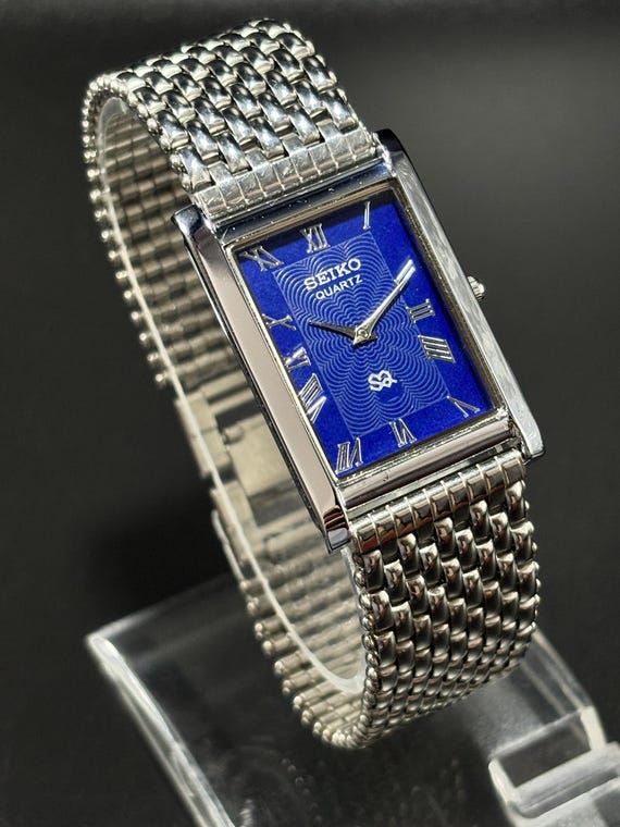 Vintage Seiko Slim Tank Quartz Wrist Watch: Blue Roman Dial, Stainless Steel