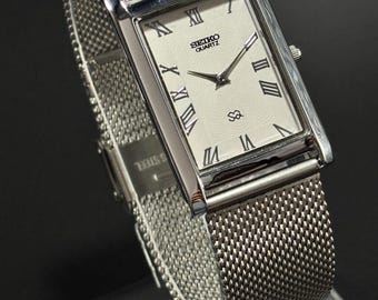 Vintage Seiko Tank Quartz Watch: Slim Stainless Steel, White Dial