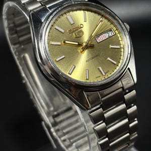 Vintage Seiko 5 Automatic Watch: Gold Dial, Stainless Steel, Japan Made