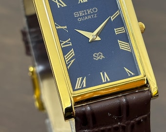 Vintage Seiko Tank Watch: Slim Quartz, Blue Face, Leather Band