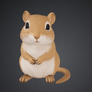 May include: A small, upright figurine of a rodent with light brown fur on its back and head, and white fur on its chest and belly. The creature has large, dark, round eyes, pointed ears, and delicate whiskers, standing on its hind legs.