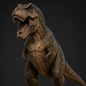 Puede incluir: Una figura de Tyrannosaurus rex de color marrón con una superficie de piel texturizada y escamosa. El dinosaurio se muestra en posición de pie con la boca abierta, revelando dientes afilados y una lengua detallada, mirando hacia la izquierda.