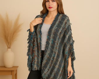 Fully Handmade Boho Fringe Knitted Cape: Multicolor Poncho Shawl Winters | Unisex