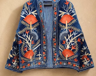 Velvet Suzani Embroidered Jacket, Boho Floral Handmade Festival Coat, Women’s Bohemian Outerwear