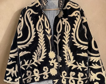 Black Velvet Embroidered Suzani Jacket, Handmade Boho Cropped Jacket, Floral Embroidery Open Front Coat, Vintage Style Bohemian Outerwear