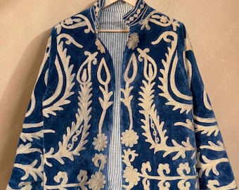 Suzani Velvet Jacket - Blue Embroidered Boho Coat, Floral Artisan Outerwear for women, Paisley Embroidery