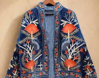 Boho Floral Velvet Suzani Embroidered One Of A Kind Jacket: Handmade Festival Coat | Women's Boho Outerwear | Artisan Embroidered Coat