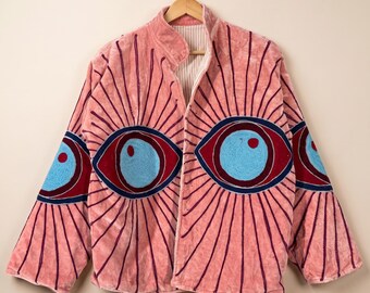 Pink Evil Eye Velvet Jacket | Embroidered Boho Bomber Coat | Mystic Sunburst Kimono Festival Outerwear