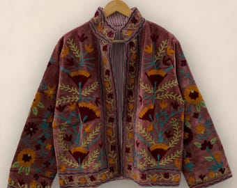 Vintage Velvet Suzani Jacket | Handmade Bohemian Short Coat | Floral Embroidered Winter Outerwear | Ethnic Kimono Jacket | Gift For Women