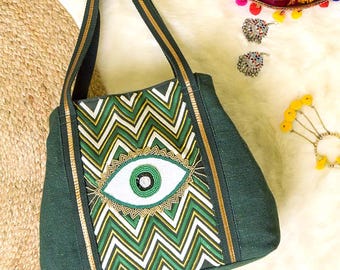 Green Embroidered Evil Eye Tote Bag: Handmade Boho Cotton Lurex Large Handbag