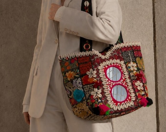 Boho Canvas Tote Bag | Embroidered Shoulder Purse | Large Bohemian Handbag | Aesthetic Beach Bag