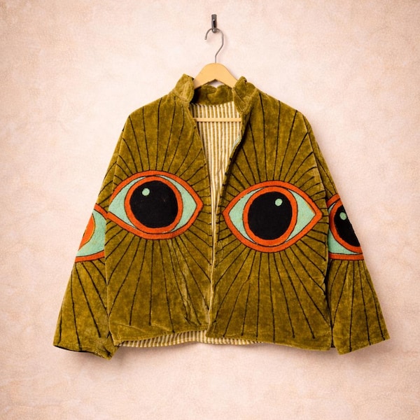 Olive Green Velvet Suzani Evil Eye Embroidered Jacket | Handmade Festival Boho Coat | Kimono Robe | Vintage Wear Unisex