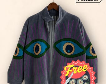 Velvet Suzani Embroidered Evil Eye Jacket: Boho Coat – With Jacket Get A Free Handmade Bag | Winter Wear | Quilted