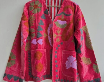 Velvet Suzani Embroidered Jacket: Boho Floral Festival Coat | Winter Wear Short Jacket