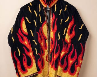 Flame Velvet Jacket | Fire Hand Embroidered Suzani Coat | Black Punk Festival Outerwear | Gift For Him