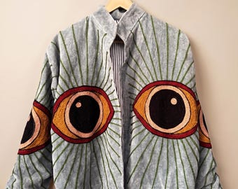 Evil Eye Velvet Jacket | Grey Embroidered Bomber Coat | Mystic Sunburst Kimono Festival Outerwear