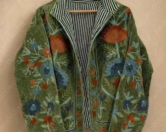 Boho Floral Green Velvet Suzani Embroidered Jacket: Handmade Festival Coat | Women's Boho Outerwear | Gift for Her |Artisan Embroidered Coat