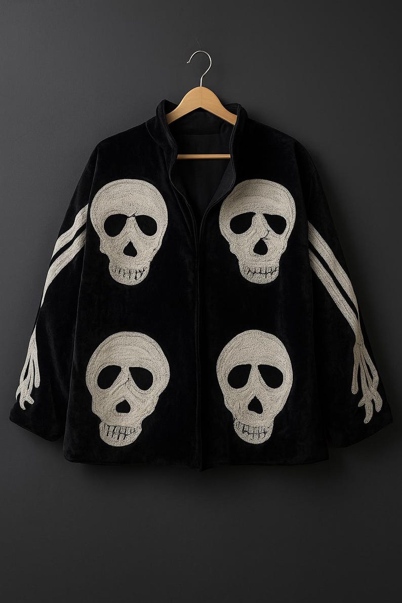 May include: Black velvet jacket with four embroidered skull designs. The jacket features a full-length zipper and white embroidered bone designs on the sleeves. The jacket is hanging on a wooden hanger.