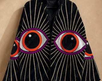 Black Evil Eye Suzani Velvet Jacket - Embroidered Mystic Coat, Boho Applique Artisan Outerwear Ethnic