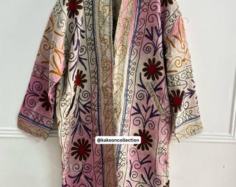 Boho Kantha Embroidered Kimono Duster: Floral Suzani Festival Coat