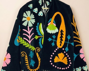 Handmade Black Velvet Coat - Floral Suzani Bomber Jacket - Unique Vintage Clothes Women