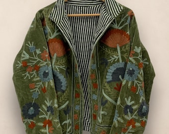 Boho Green Velvet Suzani Embroidered Jacket: Floral Winter Coat | One Size Fits Everyone