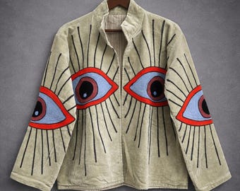 Jacket Velvet Suzani Embroidered Evil Eye Jacket: Boho Coat | Winter Wear Jacket | Quilted | Kimono Robe | Short Jacket | Gift For her/him