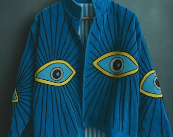 Velvet Suzani Evil Eye Embroidered Jacket: Bohomeian Coat | Winter Wear | Quilted Jacket | Kimono Robe Jacket | Short-Medium Jacket