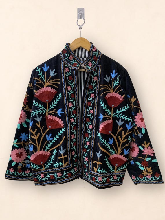 Black Velvet Suzani Jacket, Hand Embroidered Sujani Jacket, Bohemian Embroidery Reversible Jacket, Gifts For Her, Christmas Gifts
