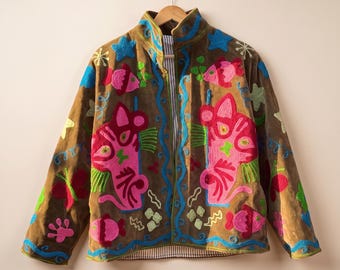 Brown Velvet Suzani Jacket, Hand Embroidered Colorful Boho Coat, Quirky Folk Art Cute Animal Clothing