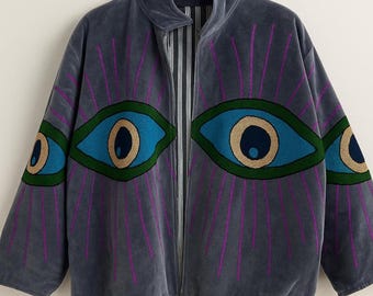 Velvet Suzani Embroidered Evil Eye Jacket: Boho Coat | Winter Wear Jacket | Quilted | Kimono Robe
