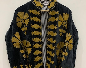 Royal Black Suzani Embroidered Velvet Winter Jacket | Handmade Short Festival Coat | Ethnic Bohemian Outerwear | Short Kimono| Gift For Wife