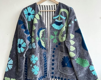Handmade Suzani Embroidered Velvet Jacket: Boho Floral Coat | Womens Wear Jakcet Coat