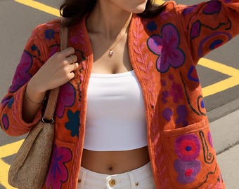 Velvet Suzani Embroidered Kimono Jacket: Boho Short Floral Handmade Jacket